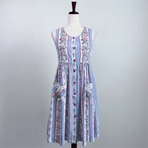 Vintage Handmade Floral Cottagecore Button-Up Sleeveless Cotton House Dress XS